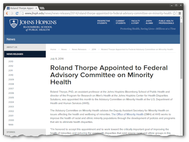Roland Thorpe Appointed to Federal Advisory Committee of Minority Health