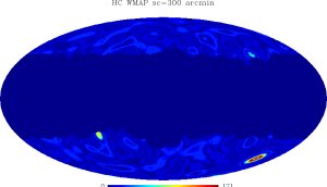 Map of Higher Criticism values based on a weighted combination of the Q-V-W WMAP maps after convolution with a Spherical Mexican Hat wavelet at scale 5 degrees. 